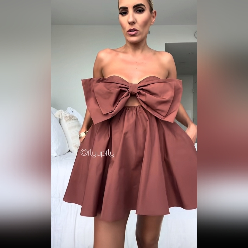 Zara * Bow Mini Dress Brown Size L - Picture 4 of 16